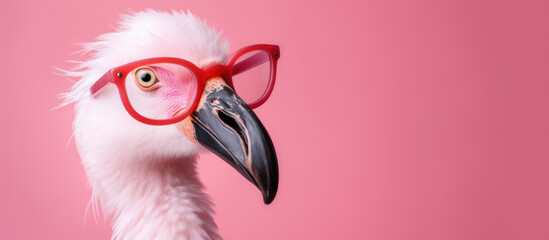 Close-up portrait of a pink flamingo wearing pink glasses on a pink background.