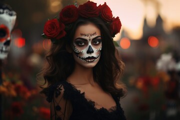 Obraz premium Street portrait of pretty brunette with holiday art makeup of day of the dead against holiday lights.