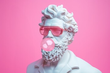 White sculpture of Poseidon wearing pink glasses blowing a bubble of gum.