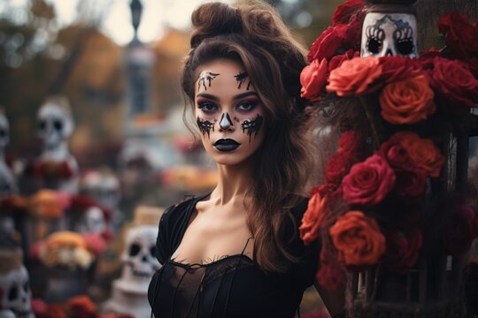 Street portrait of pretty brunette with festive day of the dead day art makeup on background of skulls made of flowers.