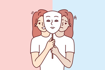 Woman suffers from bipolar disorder and problems due to sharp change in bad and good mood and holds mask. Girl with bipolar disorder is looking for help from psychologist to deal with frustration