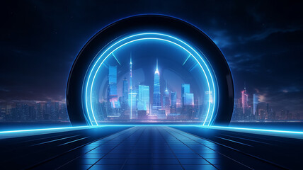 round neon arch portal with a view of the panorama of the modern city cityline skyscrapers, podium presentation