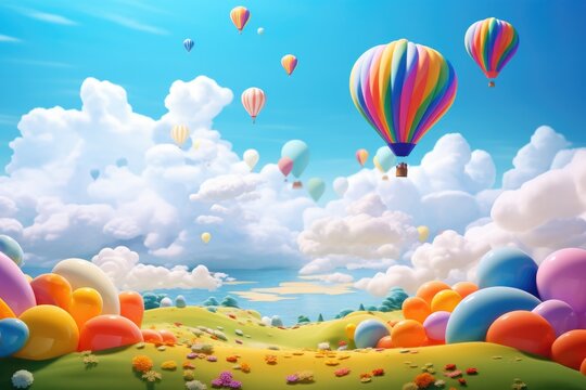 A colorful painting depicting balloons soaring through the sky