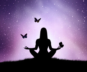 Silhouette of young woman practices yoga and meditates  with night sky, stars and butterfly.