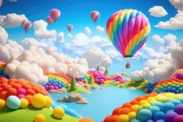 A vibrant landscape with hot air balloons floating in the sky