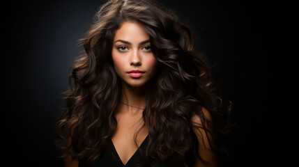 Fototapeta premium Beautiful young woman with blowing wavy long brunette hair on black background. Hair Style, hair care