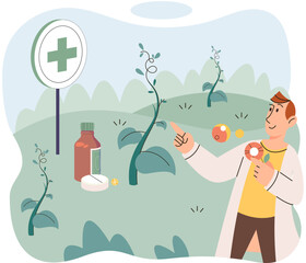 Herbal medicine and homeopathy healthcare and health treatment. Man homeopathic scientist growing plants, medicinal herbs and flowers, uses natural ingredients. Organic cure and aromatherapy