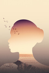 Double exposure portrait of a woman with birds
