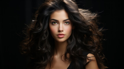 Fototapeta premium Beautiful young woman with blowing wavy long brunette hair on black background. Hair Style, hair care
