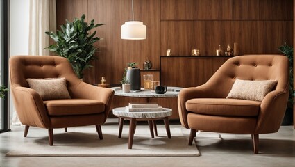 A white sofa and round coffee tables are placed next to two brown lounge chairs. modern living room with marble walls in a mid-century modern residence 