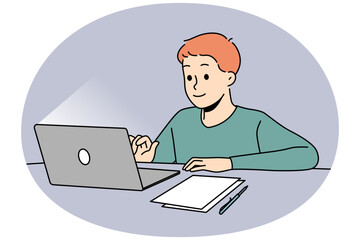 Happy boy child sit at desk studying online on computer. Smiling kid use laptop having remote class at home. Distant education. Vector illustration.