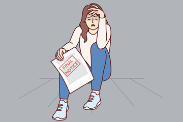 Frustrated woman holding bank document with inscription final notice and crying, sitting on floor. Girl lost house due to not being able to pay bills during financial crisis or recession.