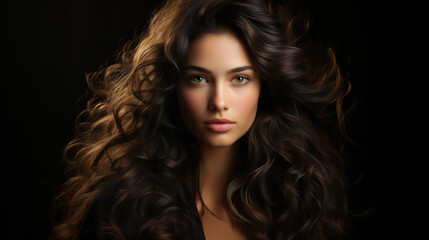 Naklejka premium Beautiful young woman with blowing wavy long brunette hair on black background. Hair Style, hair care