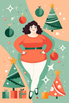 color block illustration of a young brunette plus size woman  on christmas celebrating body positivity acceptance healthy lifestyle weight loss fitness culture in hand drawn digital painting style 