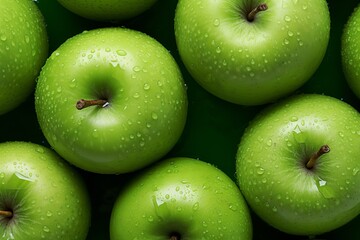 close-up of green apples with water drops