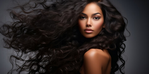 Beauty African American girl with blowing long healthy wavy hair. hairstyle, hair care. copy space