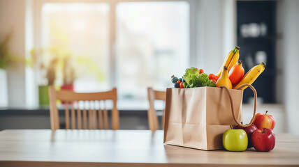 fresh vegetables and fruits in a modern kitchen in a shopping bag - obrazy, fototapety, plakaty