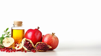 Rosh Hashana background with apple honey and pomegranate, white background