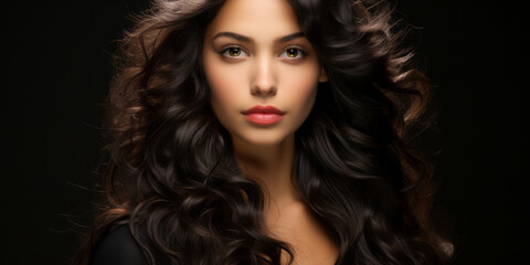 Fototapeta premium Beautiful young woman with blowing wavy long brunette hair on black background. Hair Style, hair care