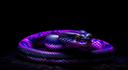 Fototapeta premium coiled bright purple snake on black background