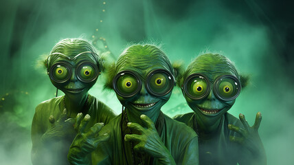 portrait of a group of three cheerful aliens on a fog background