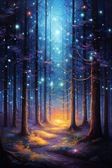 Oil painting magical forest with Christmas trees and glowing bokeh lights Generative AI