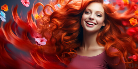 beautiful happy gorgeous red-haired girl with blowing hair and flying flowers. beauty concept