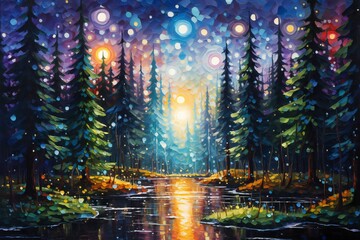 Oil painting magical forest with Christmas trees and glowing bokeh lights Generative AI