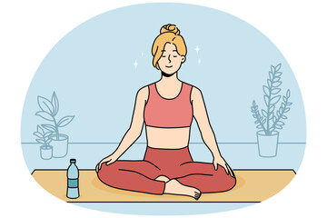 Calm young woman in sportswear sitting on mat practicing yoga at home. Smiling relaxed girl meditating indoors. Meditation and stress relief. Vector illustration.