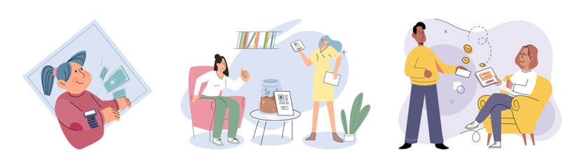 Cashless payment. Vector illustration. Wireless payment systems are designed to prevent unauthorized access to sensitive information Mobile cashless payments offer convenience for splitting bills