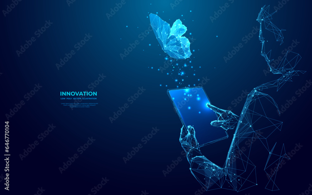 Poster Abstract digital butterfly flying out from tablet computer. The businessman holds the device and taps on screen. Technology evolution and innovation concept. Futuristic low poly wireframe illustration