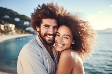 different race couple hugging on Romantic summer vacation, enjoying quality time together outdoors