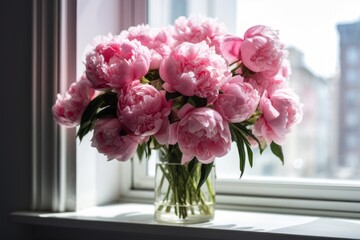 Bouquet of pink peonies standing in a vase on the window. Generative AI