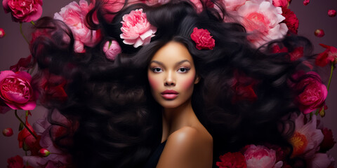 brunette with gorgeous voluminous long dense hair. flowers in hair. hair dye, hairstyle, haircare