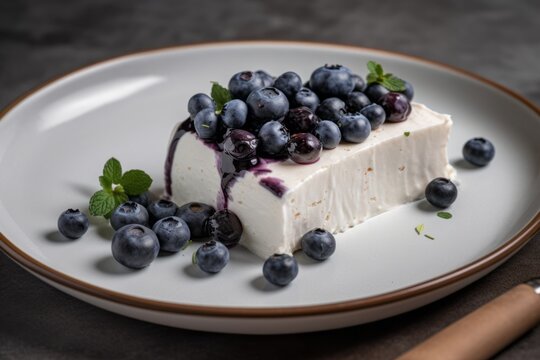 Blueberry cheesecake on plate. Generative AI