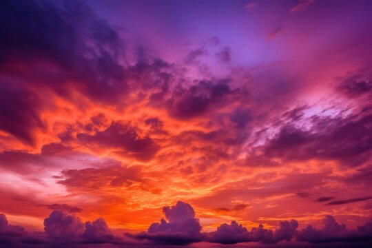A view of the sky at sunset in vibrant orange pinks and violet colors. Generative AI