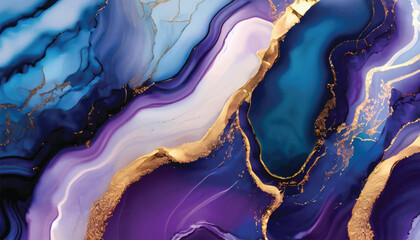 Abstract luxury fluid art painting in alcohol ink technique, Imitation of marble stone cut and mixture of blue and purple paints, glowing golden veins vector illustration.