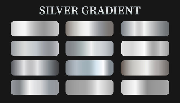Collection of silver, chrome metallic gradient. Shiny silver effect plates. Big set of Luxury Silver Gradients. Vector illustration