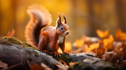 Naklejka na ściany i meble Beautiful red squirrel in the autumn forest