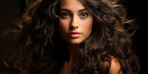 Fototapeta premium Beautiful young woman with blowing wavy long brunette hair on black background. Hair Style, hair care