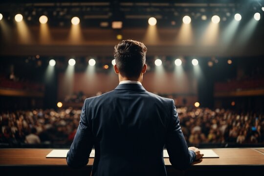 A man speaker in conference hall. Audience in the conference hall. Business and Entrepreneurship concept.