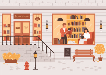 Bookstore with big window, people inside reading books, woman sitting in the chair, man standing, cat sleeping indoor. Autumn town street with lanterns, bush, bench. Cozy vector illustration.