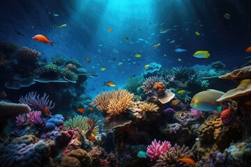 Animals of the underwater world with sun rays. Coral reef and fish. Generative AI