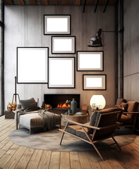 Interior of modern living room with fireplace, sofa and frames mockup, AI Generated