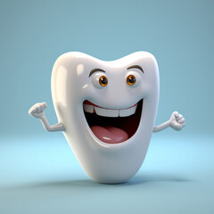 3d smiling tooth cartoon on blue copyspace background. Professional dental hygiene concept.