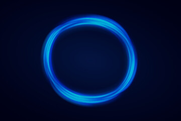 Round blue light. Luminous spiral cover. Wake wave, fire trajectory wake line and vortex effect curve.