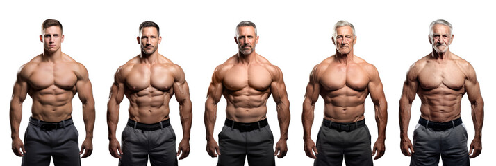 Muscular athletic man aging from young to middle-aged to old senior isolated on transparent white background