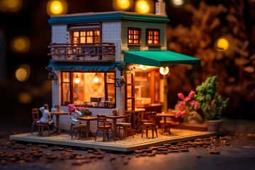 A charming and cozy coffee shop Set beside a busy highway with Warm and golden sunset light, and a Picturesque sunset view with vibrant colors.