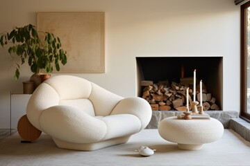 Fototapeta na wymiar Cozyt house Livingroom area with fancy boucle armchair, coffee table and fireplace, interior design