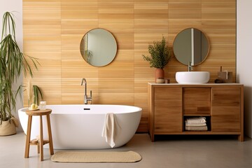 Fototapeta na wymiar Interior of stylish bathroom with wooden cabinet, sink, bathtub, and mirror.